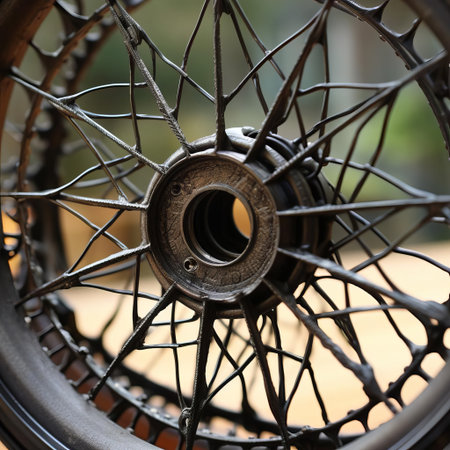 the wire wheel, crafted with intricate precision, showcases a mesmerizing blend of modern art and industrial design, featuring a delicate yet sturdy framework of interconnected metal threads, perfect for decorative purposes or as a unique conversation piece in any contemporary setting. ai generatedの素材