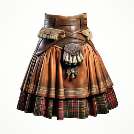 the kilt, a traditional scottish garment, stands out against a crisp white background, showcasing its vibrant tartan pattern and intricate pleats, perfect for formal occasions, cultural events, and highland games, evoking a sense of heritage and national pride. ai generatedの素材
