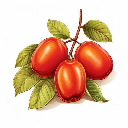 the jujube, also known as chinese date, is a small, oval-shaped fruit with a reddish-brown skin and a single seed in the center, showcased here in a beautiful illustration on a clean white isolated background, highlighting its natural beauty and vibrant color. ai generatedの素材