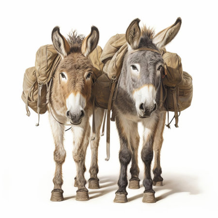 mules stand majestically against a pristine white background, their distinctive long ears and sturdy bodies showcased in stunning detail, highlighting their unique characteristics and gentle nature, perfect for equestrian enthusiasts and animal lovers alike. ai generatedの素材