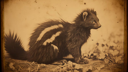this vintage calotype print from the 19th century showcases a fascinating skunk portrait, capturing the animal's distinctive white stripes and bushy tail in remarkable detail, offering a unique glimpse into the early days of wildlife photography and the art of printmaking. ai generatedの素材