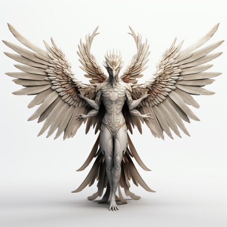the harpy, a mythical creature from ancient greek mythology, is depicted in stunning 3d detail, showcasing its full body with intricate feathers and sharp talons, isolated on a pure white background, perfect for digital art and fantasy design projects, highlighting its majestic beauty and fierce demeanor. ai generatedの素材