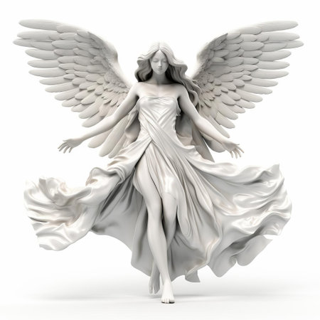 the angel, depicted in stunning 3d detail, stands majestically in a full-body pose on a pristine white isolated background, its delicate wings and gentle facial expression exuding serenity and peace, perfect for religious or spiritual designs, digital art, and fantasy illustrations. ai generatedの素材