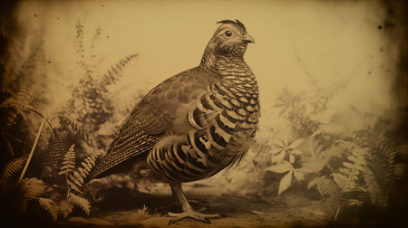 this exquisite calotype print from the 19th century beautifully captures the intricate details of a quail, showcasing its delicate plumage, subtle feather textures, and gentle expression, offering a fascinating glimpse into the art of early photography and the natural world of ornithology. ai generatedの素材