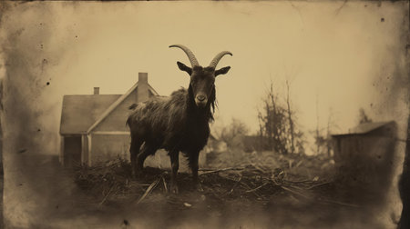 the goat, a majestic creature, is beautifully captured in this rare 19th century calotype print, showcasing its distinctive horns and gentle features, offering a glimpse into the rural landscapes and agricultural heritage of a bygone era, with its rich textures and subtle tones evoking a sense of nostalgia and history. ai generatedの素材