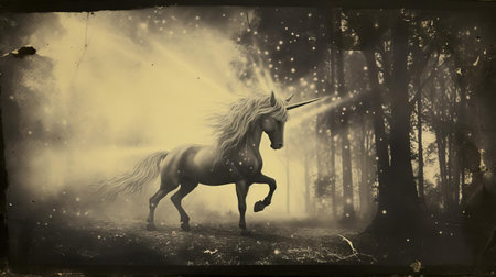 the unicorn, a mythical creature of ancient legend, is beautifully depicted in this exquisite calotype print from the 19th century, showcasing intricate details and subtle tones, evoking a sense of mysticism and wonder, perfect for fans of vintage photography and fantasy art. ai generatedの素材