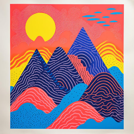 the vibrant illustration showcases a mesmerizing fusion of bold colors and abstract shapes, reminiscent of risograph printing's distinctive aesthetic, blending digital art with a nostalgic touch, evoking a sense of playful experimentation and creative freedom. ai generatedの素材