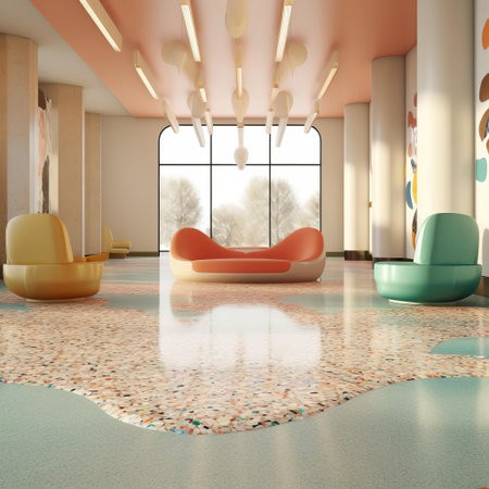 the 3d terrazzo pattern bursts with vibrant colors and intricate textures, showcasing a mesmerizing blend of marble, quartz, and stone fragments, perfect for modern interior design, architectural visualization, and decorative surfaces, evoking a sense of luxury and sophistication. ai generatedの素材