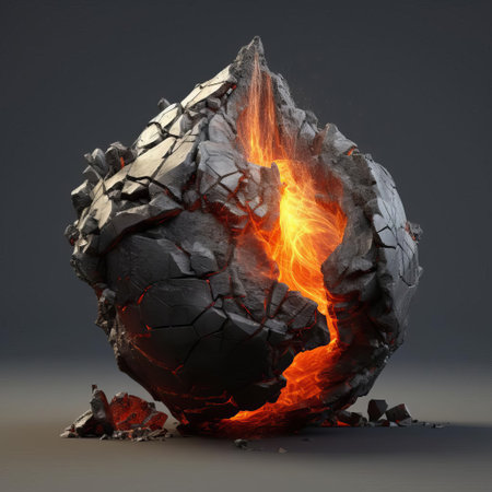 the 3d lava stone sculpture showcases a mesmerizing, fiery design, evoking the intense heat and molten power of volcanic eruptions, with intricate textures and vibrant colors that seem to pulse with an inner energy, perfect for adding a touch of dramatic flair to any room's decor. ai generatedの素材
