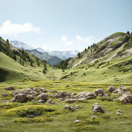 the alpine grassland, set against a serene white background, showcases a picturesque landscape of lush green meadows, dotted with vibrant wildflowers, and surrounded by majestic mountain peaks, evoking a sense of tranquility and awe-inspiring beauty in the heart of the mountain range. ai generatedの素材