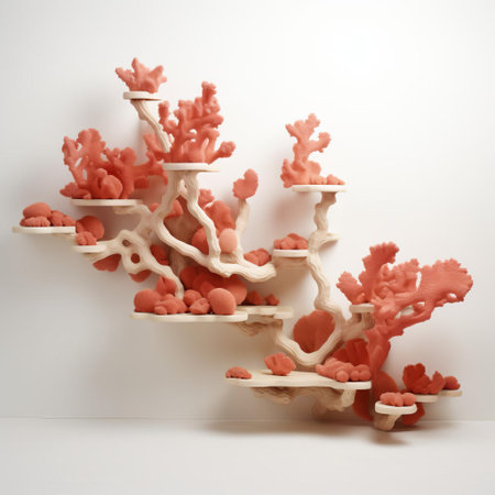 the coral shelf, a vibrant and intricate marine ecosystem, is showcased against a pristine white background, highlighting its delicate branches and colorful coral polyps, evoking a sense of underwater wonder and beauty, perfect for ocean enthusiasts and nature lovers alike. ai generatedの素材