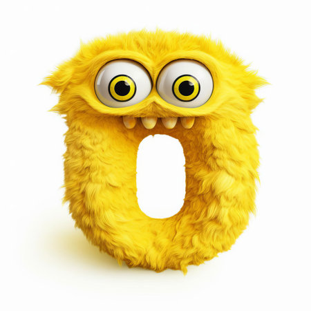 the bright yellow monster, with its big round eyes and goofy smile, proudly holds up a bold blue letter "o" and a bright red letter "i" on a clean white background, creating a fun and playful alphabet learning scene for kids. ai generatedの素材