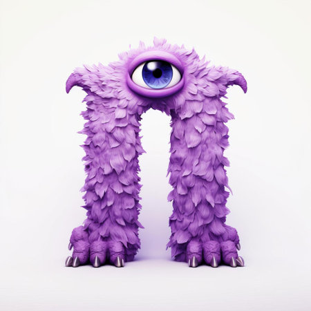 the violet monster, with its vibrant purple hue, proudly displays the bold letter m on a crisp white background, creating a striking visual contrast that captures the imagination, perfect for alphabet learning, nursery decor, and playful design inspiration. ai generatedの素材