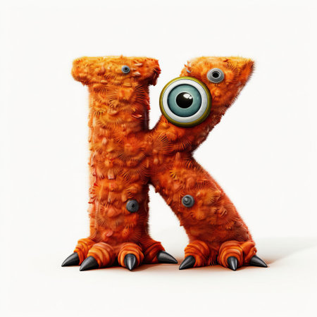the vibrant orange monster, with its playful eyes and goofy grin, proudly holds up a bold, capital letter k on a crisp white background, creating a fun and educational visual aid perfect for alphabet learning and nursery decor. ai generatedの素材