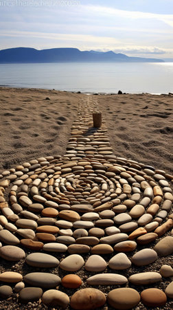 the land art installation, set amidst a serene natural landscape, showcases a mesmerizing blend of earthy tones and organic forms, evoking a sense of harmony between human creativity and the environment, as the artist's vision seamlessly merges with the surrounding terrain, creating a thought-provoking visual experience. ai generatedの素材