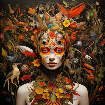 the woman stands confidently in a lush, vibrant jungle, surrounded by exotic plants and flowers, embodying the essence of primitivism, her natural beauty and strength radiating from her relaxed, earthy pose, evoking a sense of freedom and connection to the natural world. ai generatedの素材