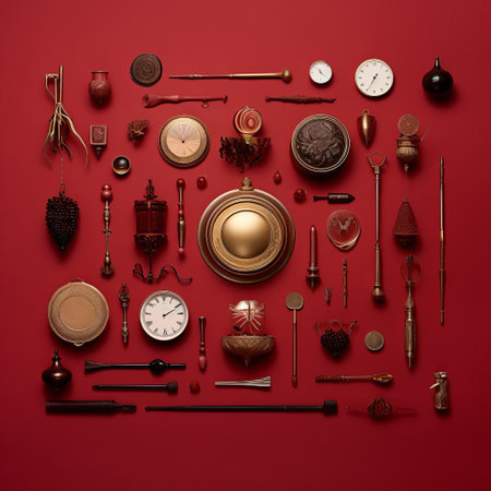 vintage found objects, including antique keys, old clock mechanisms, and distressed metal gears, are artfully arranged against a rich maroon background, evoking a sense of nostalgia and industrial chic, perfect for interior design inspiration or steampunk-themed decor. ai generatedの素材