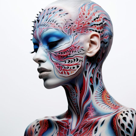 the tattooed model showcases an intricate body art design against a clean white background, highlighting the vibrant colors and detailed patterns of the artwork, perfect for those who appreciate skin art, tattoos, and alternative fashion. ai generatedの素材