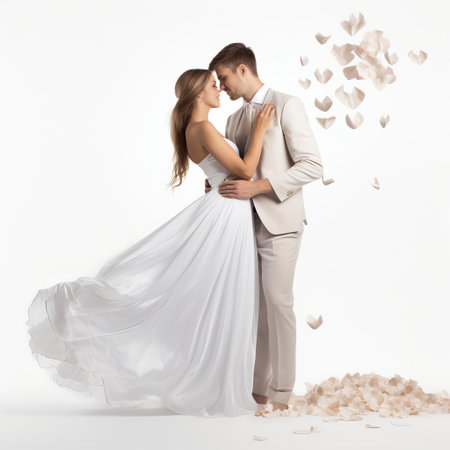 bride stands elegantly in a stunning white wedding dress, surrounded by delicate flowers and lush greenery, against a serene white background, exuding romance and sophistication on her special day, perfect for wedding photography, wedding decor inspiration, and romantic wedding ideas. ai generatedの素材