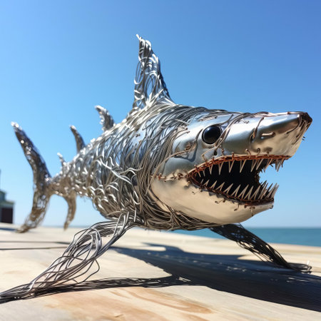 the shark, crafted from intricately twisted wire, showcases remarkable detail, from its sharp teeth to its powerful tail, capturing the ferocity and elegance of the ocean's apex predator, perfect for marine life enthusiasts and art lovers alike, highlighting the beauty of wire sculpture and underwater inspiration. ai generatedの素材