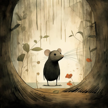 the rat, dressed in a vibrant orange and green attire, stands proudly in the midst of a lush jungle, surrounded by exotic foliage and vines, showcasing jon klassen's unique art style, blending whimsy and realism in this captivating full-body illustration of the rodent. ai generatedの素材