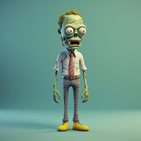 the 3d zombie character, depicted in a minimalist style, stands upright in a full-body pose, showcasing its undead features, including tattered clothing and decaying skin, perfect for horror game development, 3d modeling, and animation projects focused on the undead and apocalyptic themes. ai generatedの素材