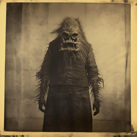 the monster, a haunting creature from 19th century folklore, is eerily captured in this rare calotype print, showcasing its towering full body in meticulous detail, evoking a sense of mystery and terror, reminiscent of gothic horror and mythical legends of the victorian era. ai generatedの素材
