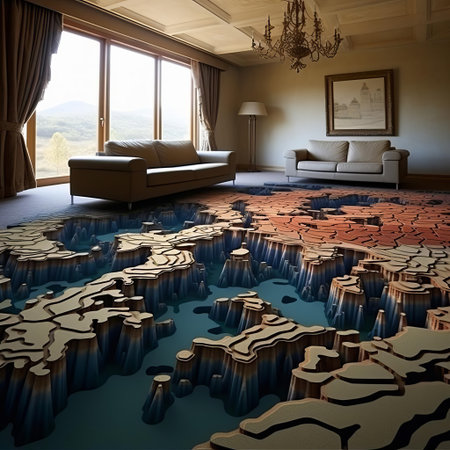 the 3d carpet, a stunning piece of modern home decor, features a mesmerizing geometric pattern that creates an optical illusion, adding depth and visual interest to any room, perfect for contemporary living spaces, offices, and studios, ideal for those who appreciate innovative interior design. ai generatedの素材