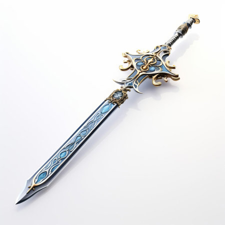 the 3d spatha sword stands proudly against a pristine white background, its intricately designed hilt and blade showcasing exceptional craftsmanship, evoking the grandeur of ancient roman and greek warriors, perfect for history enthusiasts, gamers, and collectors of medieval weaponry and artifacts. ai generatedの素材