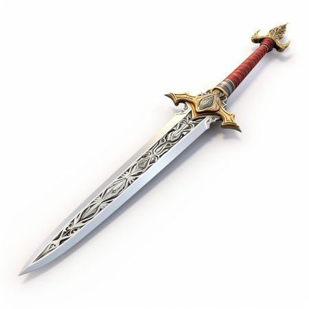 the sword, a majestic 3d model of saif's iconic weapon, stands proudly against a pristine white background, its intricate details and curved blade gleaming with a metallic sheen, evoking a sense of ancient middle eastern grandeur and mythical heroism. ai generatedの素材