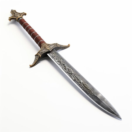 the majestic 3d talwar sword stands out against a pristine white background, its intricately designed hilt and curved blade showcasing exceptional craftsmanship, perfect for historical reenactments, medieval cosplay, or as a stunning decorative piece for sword enthusiasts and collectors of ancient indian weaponry. ai generatedの素材