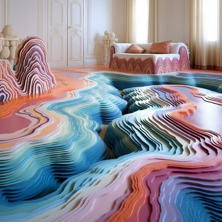 the 3d carpet, with its vibrant colors and intricate patterns, adds a touch of modern elegance to any room, creating a unique visual experience with its raised designs, perfect for interior design enthusiasts and homeowners seeking a statement piece. ai generatedの素材