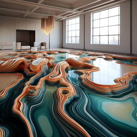 the 3d carpet, with its vibrant colors and intricate patterns, adds a touch of modern elegance to any room, creating a unique and immersive experience, perfect for homes, offices, and public spaces, offering a futuristic and avant-garde design aesthetic. ai generatedの素材