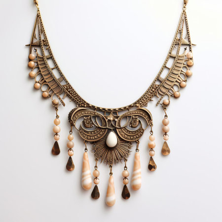 this elegant necklace shines brightly against a pristine white background, showcasing its intricate design and delicate chain, perfect for adding a touch of sophistication to any outfit, ideal for formal events or everyday wear, and making a great gift for friends and loved ones. ai generatedの素材