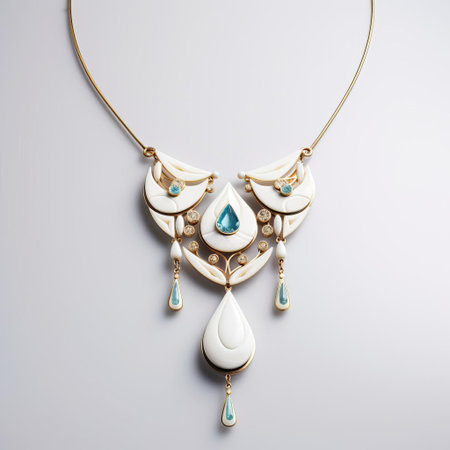 this elegant necklace lies beautifully against a pristine white background, showcasing its intricate details and sparkling beauty, perfect for formal events or everyday wear, adding a touch of sophistication and glamour to any outfit with its delicate chain and pendant. ai generatedの素材