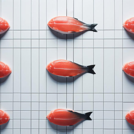 salmon fillet sits elegantly on a minimalist grid plate, surrounded by fresh green herbs and a sprinkle of black pepper, creating a visually appealing and appetizing culinary composition that showcases the beauty of simple, modern food presentation. ai generatedの素材