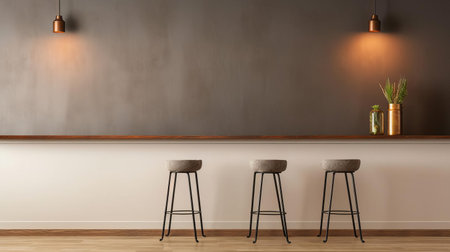 the modern living room features a stylish empty wall space above a sleek bar stool, awaiting a statement piece of artwork or a decorative mirror to elevate the ambiance, perfect for a contemporary home decor enthusiast seeking a chic and sophisticated atmosphere. ai generatedの素材