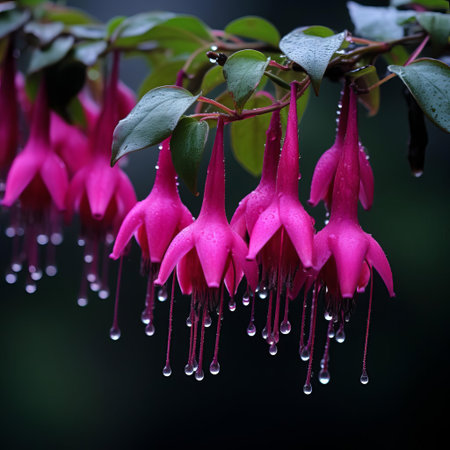 fuchsia flowers bloom vibrantly in the garden, showcasing their delicate, drooping petals in a stunning display of pinkish-purple hues, attracting bees and butterflies to their sweet nectar, adding a pop of color to any floral arrangement or landscape design. ai generatedの素材