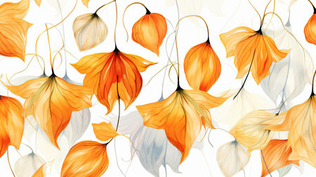 physalis, a type of ground cherry, is beautifully illustrated in a vibrant watercolour style, showcasing its delicate papery husk and plump, juicy fruit, surrounded by lush green leaves and stems, evoking a sense of whimsy and wonder in this stunning botanical art piece, perfect for nature lovers and art enthusiasts. ai generatedの素材