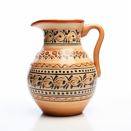 the earthenware jug, adorned with intricate designs, sits elegantly on a pristine white background, showcasing its rustic charm and earthy tones, evoking a sense of traditional craftsmanship and vintage nostalgia, perfect for rustic home decor and country-style kitchen accents. ai generatedの素材
