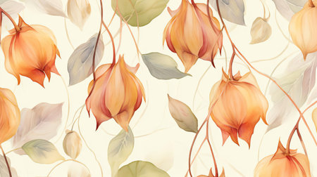 the physalis, a type of south american fruit, is beautifully illustrated in a vibrant watercolour style, showcasing its delicate papery husk and juicy orange interior, surrounded by lush green leaves and stems, creating a stunning botanical art piece perfect for nature lovers and art enthusiasts alike. ai generatedの素材