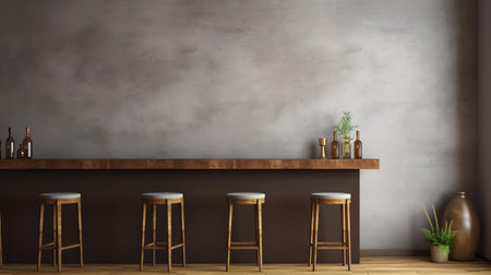 the modern living room features a sleek empty wall space above a stylish bar stool, perfect for hanging a statement piece of artwork or a collection of framed photographs, adding a touch of elegance to the overall decor with its minimalist approach to interior design. ai generatedの素材