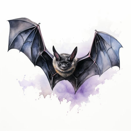 a majestic bat spreads its wings against a pristine white background in this stunning watercolour painting, showcasing the delicate features and intricate details of the nocturnal creature, evoking a sense of mystery and wonder, perfect for nature lovers and art enthusiasts alike. ai generatedの素材
