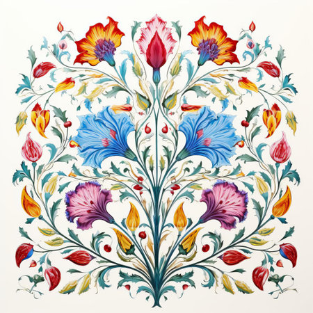the rug features an ornate design style reminiscent of traditional persian or turkish art, characterized by intricate patterns and a symmetrical composition, rendered in a detailed, hand-painted style with bold lines and vivid colors, evoking a sense of luxury and sophistication in any room. ai generatedの素材