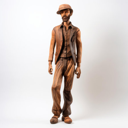 the wooden figurine of a male, crafted with precision and care, stands proudly on a pristine white background, showcasing the artisan's skill in capturing the intricacies of the human form, highlighting the beauty of handmade wooden sculptures and decorative art pieces for home decor. ai generatedの素材