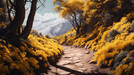 the majestic mountain trail unwinds through a kaleidoscope of colors, with warm yellow and blue hues mingling with soft pink and dramatic black shadows, evoking a sense of poetcore wonder, as if plucked from an award-winning illustration, bathed in golden light and infused with the essence of ferrania p30 film, reminiscent of ansel adams' iconic landscapes, captured with the precision of a zoom lens andの素材