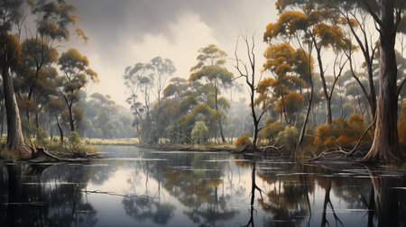 the australian swamp, a serene and mystical wetland ecosystem, is beautifully captured in this vibrant landscape painting, showcasing the region's unique flora and fauna, with twisted mangrove trees, murky waters, and a kaleidoscope of birdlife, evoking a sense of tranquility and connection to nature. ai generatedの素材