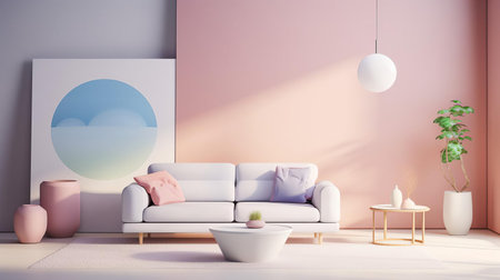 the fresco, adorned with soft pastel colors, evokes a sense of serenity and calmness, perfectly capturing the essence of modern minimalist design, where simplicity and clean lines come together to create a soothing ambiance, ideal for relaxation and contemplation. ai generatedの素材