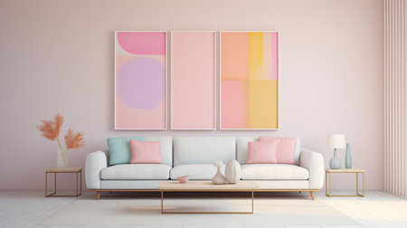 the fresco, adorned with soft pastel colors, exudes a calming ambiance, perfect for modern spaces, as its simple lines and minimalist approach evoke a sense of serenity, creating a soothing atmosphere that promotes relaxation and tranquility in contemporary interior design. ai generatedの素材