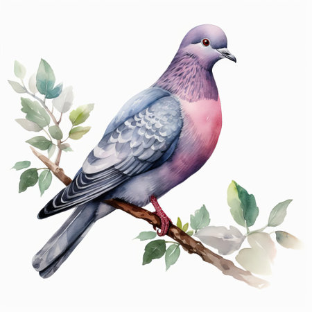 the woodpigeon, with its gentle plumage and soft feathers, takes center stage in this charming watercolor clipart illustration, set against a pristine white background, evoking a sense of serenity and tranquility, perfect for nature-inspired designs, bird lovers, and wildlife enthusiasts. ai generatedの素材